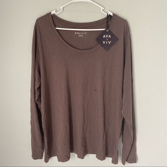 Ava & Viv Women’s Scoop Neck Long Sleeve Basic Plus Size Top Brown - Picture 1 of 4